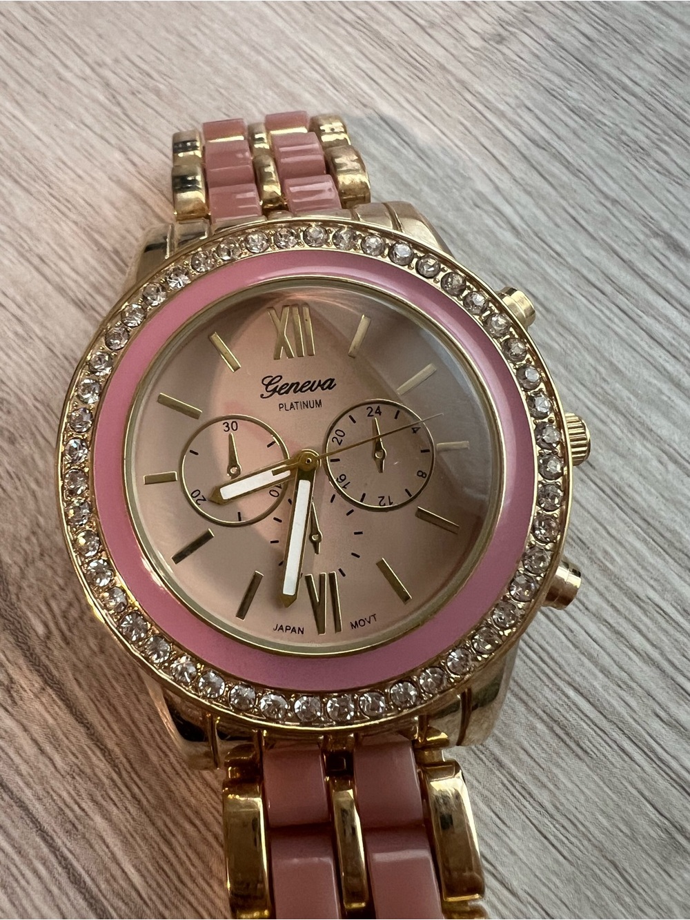 Geneva Gold Tone Watch with Pink Dial and Bracelet Inlays - Picture 3 of 4